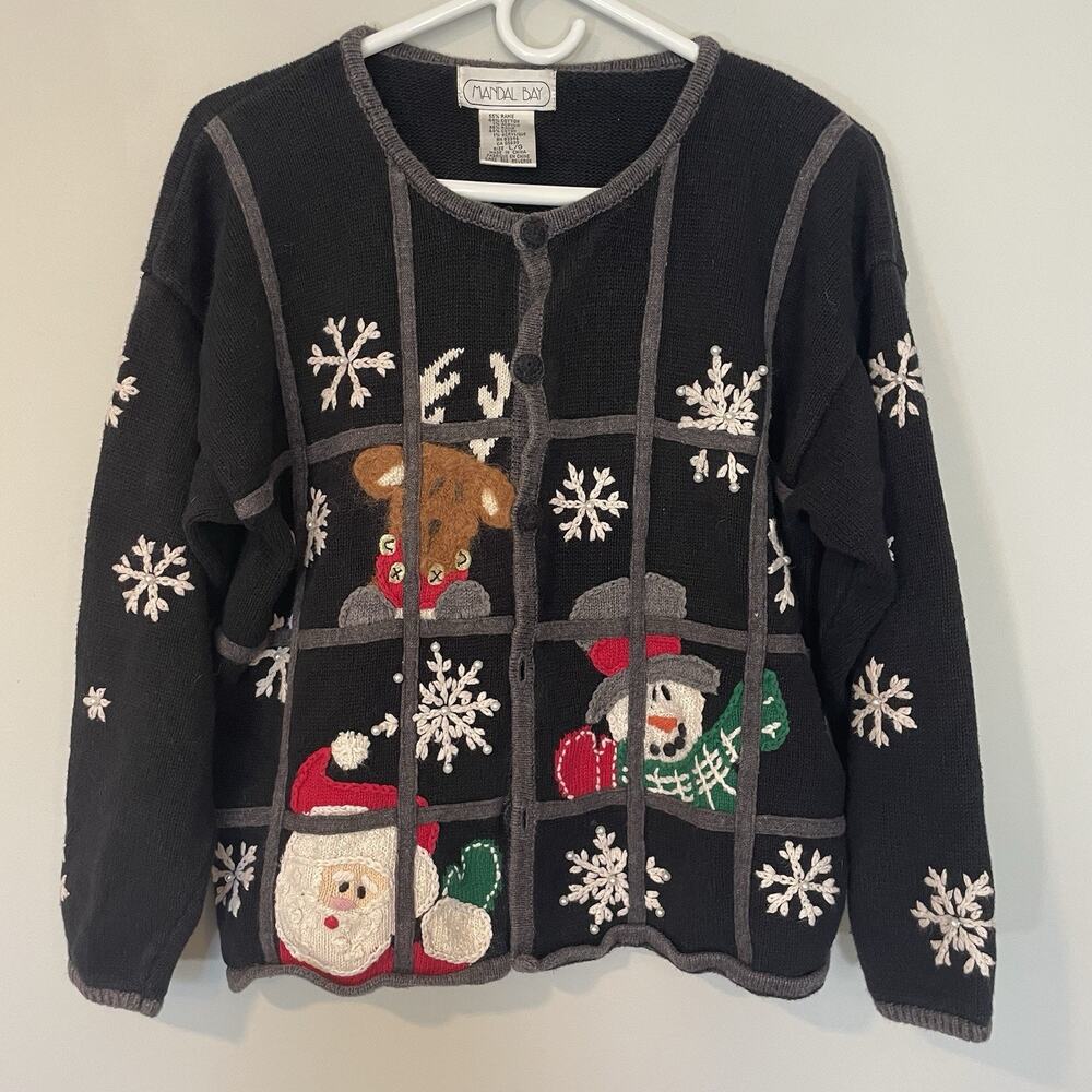 Mandal Bay Women's Christmas Knit Cardigan Sweater Sz L Black Windowpane READ